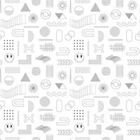 Black and white seamless pattern with abstract geometric, linear, outline shapes. Smiling face, circles, rectangles. Brutalism, retro futurism style inspired. For web, covers, textile. Vector backdrop