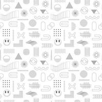 Black and white seamless pattern with abstract geometric, linear, outline shapes. Smiling face, circles, rectangles. Brutalism, retro futurism style inspired. For web, covers, textile. Vector backdrop