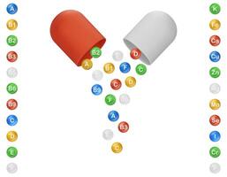 redondo círculos con el nombres de vitaminas derramar fuera de un abierto cápsula. varios vitaminas y minerales, activo aditivos y químico elementos. salud cuidado y medicamento. 3d vector ilustración