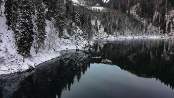 isig sjö vaggad förbi snöig trän och majestätisk bergen isig sjö förkroppsligande tyst majestät norr. isig sjö frostig juvel bland åka skidor sluttningar i frysta rike varje blick erbjudanden berättelse av naturens artisteri. video