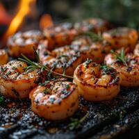 AI generated Grilled shrimps on the flaming grill. Grilled shrimp with garlic and butter on gourd, photo