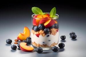 AI generated Healthy breakfast, natural yogurt with fresh berries and muesli. Neural network AI generated photo