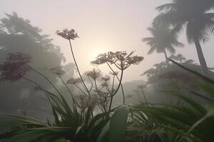 ai generado niebla paisaje con palma arboles neural red ai generado foto