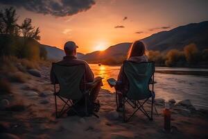 AI generated Couple on vacation in the mountains admiring the sunset. Neural network AI generated photo