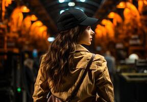 AI generated Woman in orange hard hat in a factory. A woman in a hat is standing in a train station photo