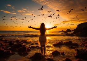 AI generated Free photo of man on a beach. A woman standing on top of a beach next to the ocean