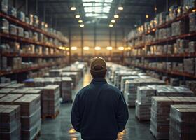 AI generated A man putting away a box. A man is standing in a warehouse, inspecting various boxes and assessing their contents. photo