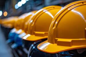 AI generated Yellow hard safety helmet or construction helmet on the rack in factory or industrial building. photo