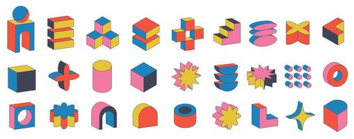 Set of volumetric geometric figures. Bauhaus retro shapes. Colorful Geometric Block y2k Illustrations. Abstract Vector