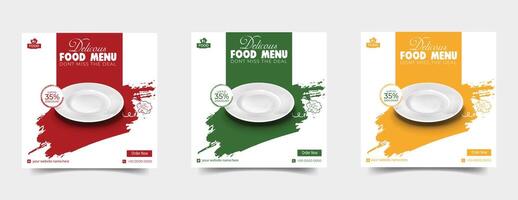 Food social media post template. vector illustration with plate. Set of Editable square banner template design for food post. Suitable for Social Media Post restaurant and culinary. Pro Vector