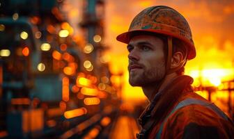 ai generado retrato de trabajador en el petróleo campo vistiendo naranja casco y trabajo ropa. industrial sitio antecedentes. hombre silueta en un naranja difícil sombrero con un petróleo plataforma en el antecedentes foto