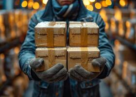 AI generated Close-up a warehouse worker packing boxes. A man holding a stack of boxes in his hands, ready for moving or storage. photo