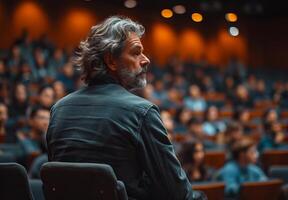 ai generado un empleado es presentación a un habitación lleno de gente. un hombre sentado en frente de un multitud de gente, entregando un atractivo y cautivador presentación. foto