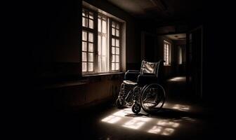 AI generated Wheelchair in a hallway. A wheelchair sitting in a dark room next to a window photo