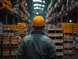 ai generado de cerca trabajador a un almacén en un caja. un hombre vistiendo un difícil sombrero asegura la seguridad en un ocupado almacén lleno con industrial actividades. foto