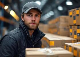 AI generated Close-up delivery man shipping boxes. A man standing in a warehouse surrounded by boxes. photo