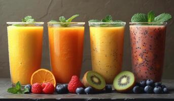 AI generated Four types of smoothie in different glasses. A group of three glasses filled with different types of smoothies, offering a variety of delicious and healthy options. photo