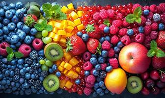 ai generado clasificado frutas arreglado en un vibrante arco iris modelo. un vistoso formación de diferente frutas meticulosamente arreglado en un visualmente agradable arco iris formación. foto