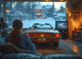 AI generated Families playing video games. A woman is casually seated on a couch, engrossed in watching television. photo