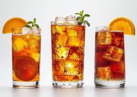 AI generated Glasses of cocktails over white background. A colorful image featuring three glasses filled with various kinds of beverages. photo