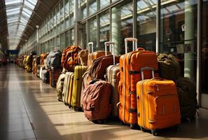 ai generado equipaje en un aeropuerto. un fila de maletas sentado en frente de un edificio foto