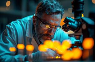 AI generated A scientist uses equipment to determine the size. A scientist carefully observes a specimen through a microscope in a well-equipped laboratory. photo