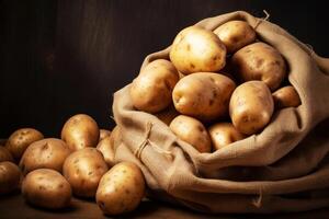 AI generated Fresh Potatoes in Rustic Burlap Sack photo