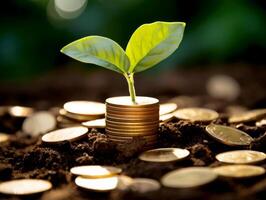 AI generated Sapling Growing from Coins Investment Concept photo