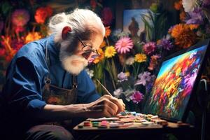 AI generated Senior Artist Painting Vibrant Canvas photo