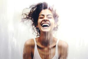 AI generated Joyful Woman Behind Wet Glass photo