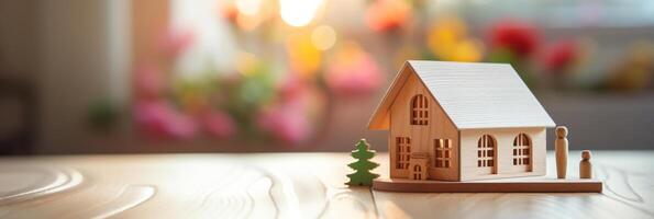 AI generated Wooden House Model with Family Figures photo