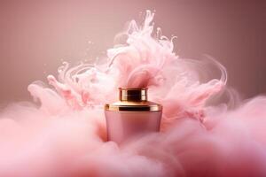 AI generated Perfume bottle with smoke on pink background photo