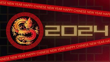 Animated Video Footage of Chinese New Year Decoration with running text, rotating ring, dragon symbol and number 2024 neon style, gradient red and black background.