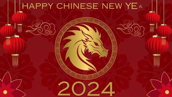 geanimeerd video beeldmateriaal van gelukkig Chinese nieuw jaar 2024, jaar van de draak met Chinese decoratie, lantaarns, wolken, bloemen, draak en roterend ronde kader.