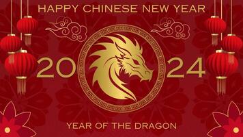 animato video metraggio di contento Cinese nuovo anno 2024, anno di il Drago con Cinese decorazione, lanterne, nuvole, fiori, Drago e rotante il giro telaio.