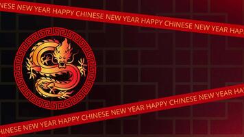 Animated Video Footage of Chinese New Year Decoration with running text, rotating ring, dragon symbol, copy space area, gradient red and black background.