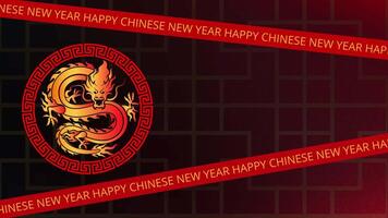 Animated Video Footage of Chinese New Year Decoration with running text, rotating ring, dragon symbol, copy space area, gradient red and black background.