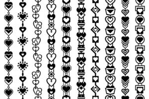 Black and white seamless borders. Vertical vector heart borders, decorative seamless decorations. Decorative design elements with chained hearts and geometric elements.
