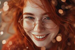 AI generated Red-haired young girl in red trendy fashionable glasses on the sparkle peach background photo