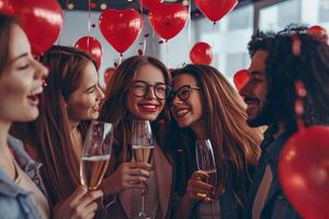 AI generated Group of young people celebrating Valentine's Day in the office at work photo