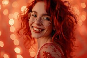 AI generated Red-haired young girl in red trendy fashionable glasses on the sparkle peach background photo