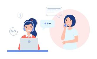 Call center operator is talking to the client. Technical support for customers 24-7, telephone hotline for business. Online customer service. Vector illustration in flat style.