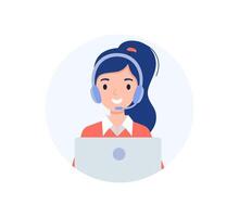 avatar de el llamada centrar operador. niña con auriculares y un ordenador portátil. técnico apoyo para clientes 24-7, teléfono línea directa para negocio. vector ilustración en plano estilo.