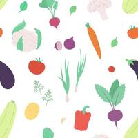 Seamless pattern of vegetables and herbs. Repeating background with zucchini, cauliflower, beetroot and others. Hand-drawn vector illustration.