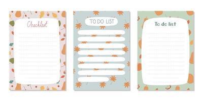 conjunto de linda plantillas para planificación. que hacer liza con otoño ilustraciones. modelo para agenda, cronograma, planificadores, listas de control, cuadernos, tarjetas y otro papelería. dibujado a mano vector ilustración.