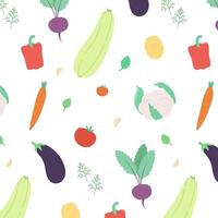Seamless pattern of vegetables and herbs. Repeating background with zucchini, cauliflower, beetroot and others. vector