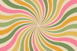 Groovy abstract background with colorful sunburst. Retro vector design in 1960-1970s style. Vintage swirl backdrop. Summer hippie carnival illustration
