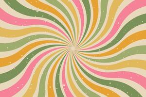 Groovy abstract background with colorful sunburst. Retro vector design in 1960-1970s style. Vintage swirl backdrop. Summer hippie carnival illustration