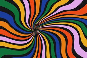 Psychedelic distorted twisted colorful ray pattern on black background. Groovy abstract design in 60-70s style. Retro sunburst backdrop vector