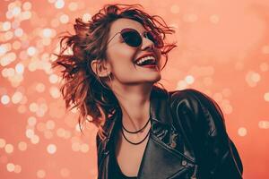 AI generated 30-40 years old woman laughing on sparkle peach background photo
